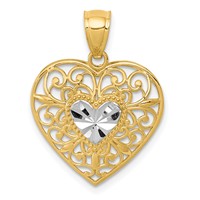 14K and White Rhodium Polished Diamond-cut Filigree Heart Pendant view 1