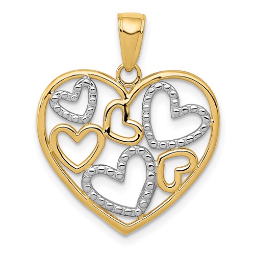 14K and White Rhodium Polished Hearts Inside Heart Pendant