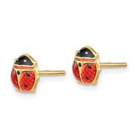 14K Yellow Gold Medium Red and Black Enameled Ladybug Post Earrings view 2