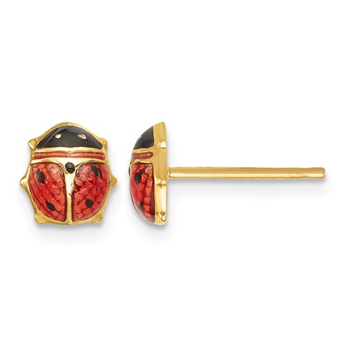 14K Yellow Gold Medium Red and Black Enameled Ladybug Post Earrings