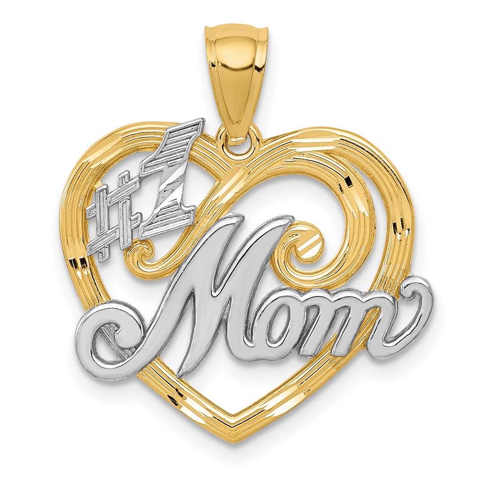 14K and White Rhodium #1 Mom Heart Pendant