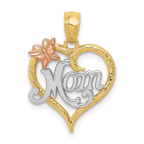 14K Two-tone Pendant with White Rhodium Mom with Butterfly Heart