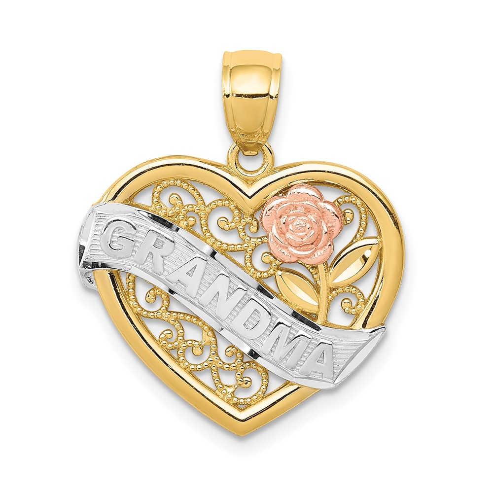 14K Two-tone Pendant with White Rhodium Grandma Heart with Rose