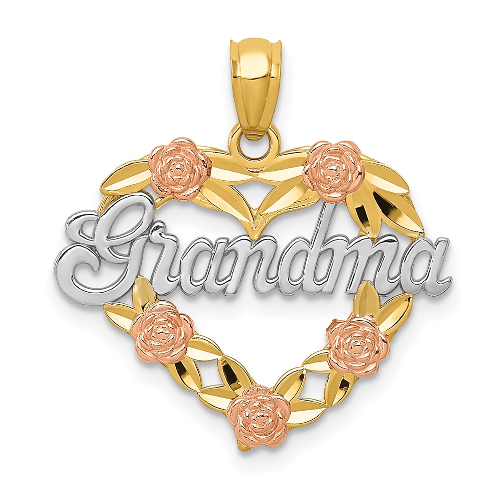 14K Two-tone Pendant with White Rhodium Grandma Heart with Flowers