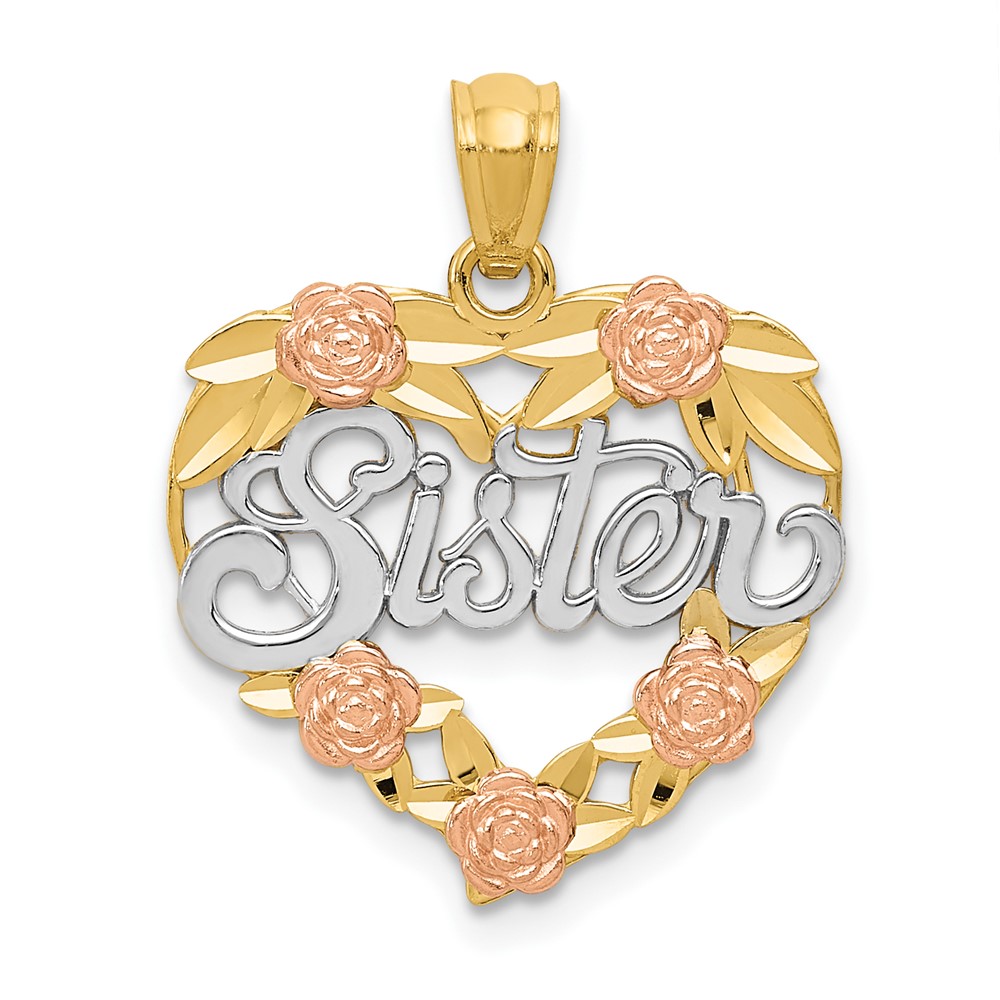 14K Two-tone Pendant with White Rhodium Sister Heart