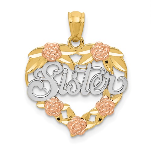 14K Two-tone Pendant with White Rhodium Sister Heart
