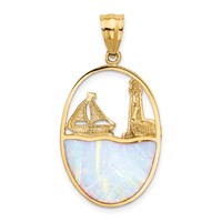14K Lab Created Opal Lighthouse and Sailboat Pendant view 3