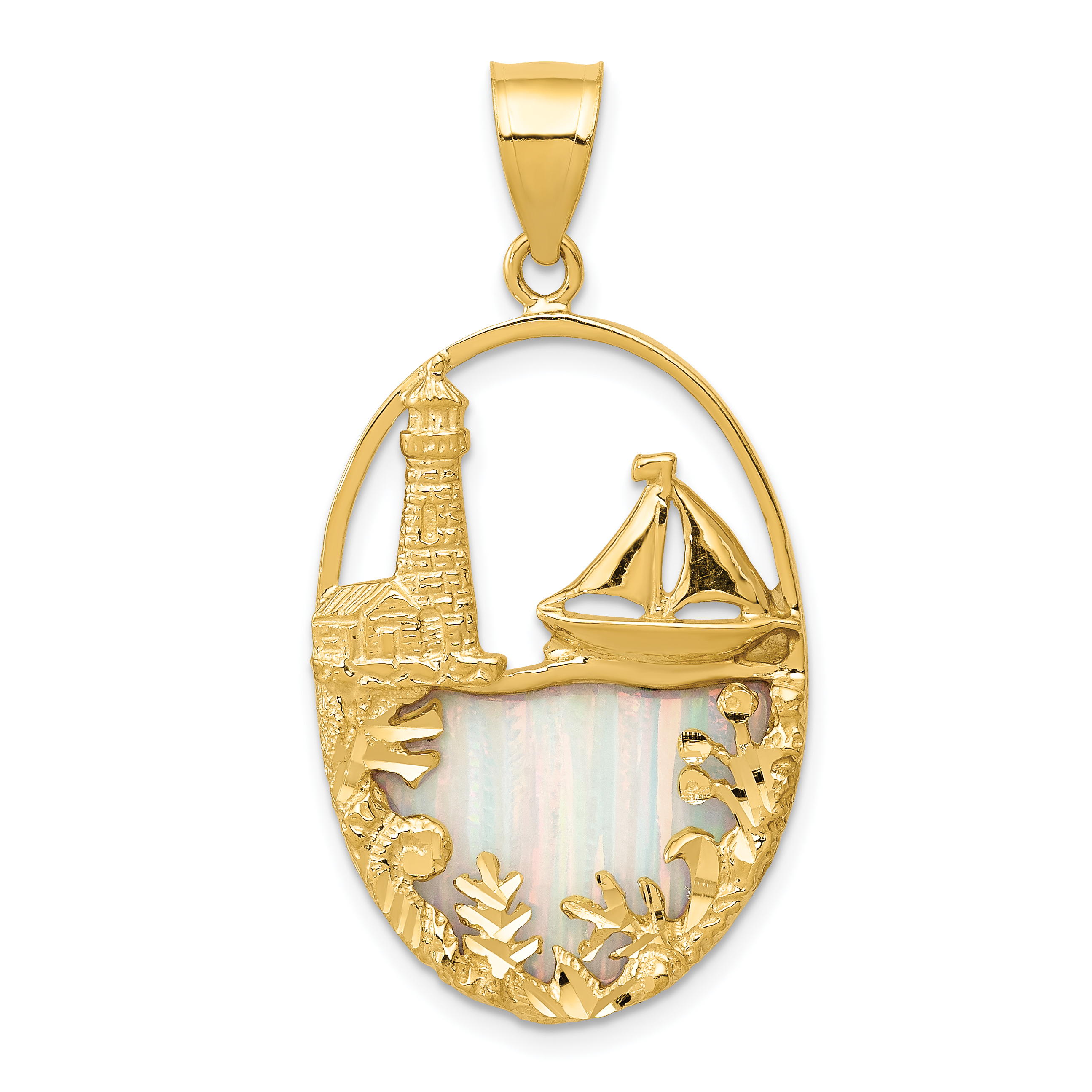 14K Lab Created Opal Lighthouse Sailboat Pendant (K2857)