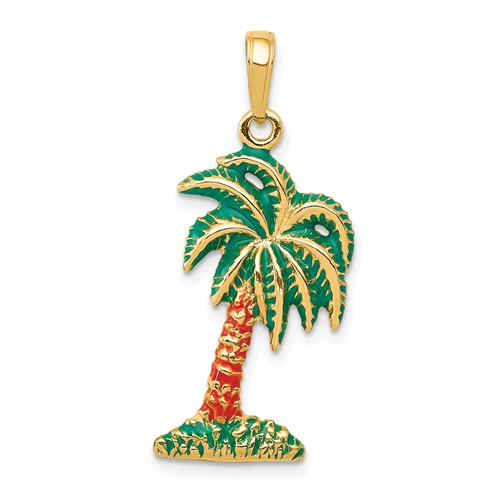 14K Yellow Gold Enameled Palm Tree Pendant