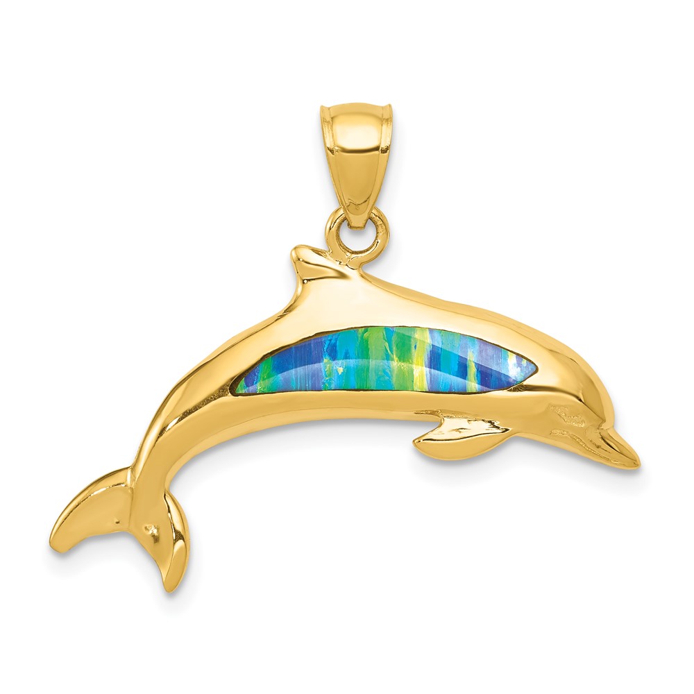 14K Yellow Gold Lab Created Opal Dolphin Pendant