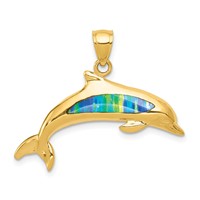 14K Yellow Gold Lab Created Opal Dolphin Pendant view 1