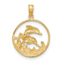 14K Yellow Gold Double Dolphin Circle Pendant view 3