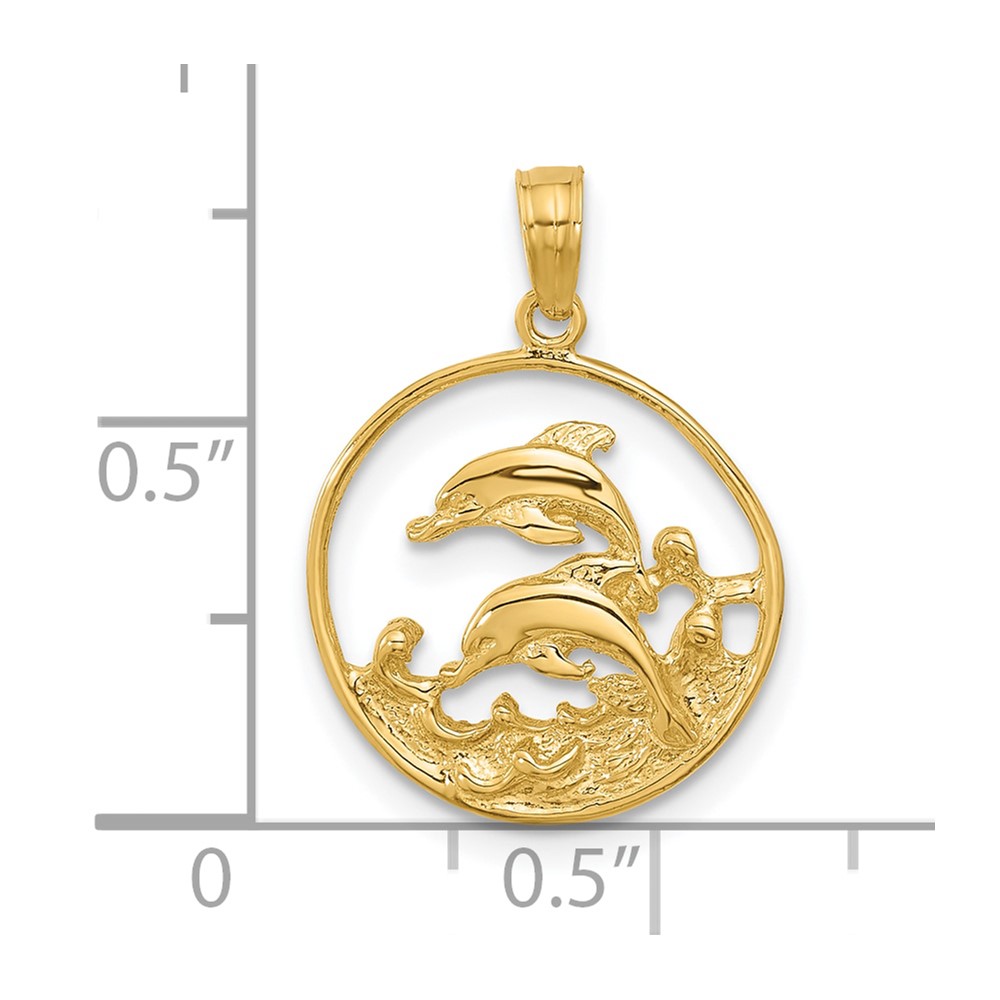 14k Double Dolphin Circle Pendant (K3018)