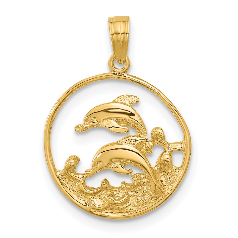 14k Double Dolphin Circle Pendant (K3018)