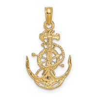 14K Yellow Gold Small Anchor Pendant with Rope and Ships Wheel view 4