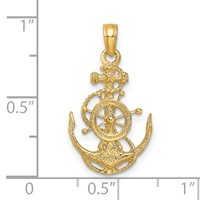 14K Yellow Gold Small Anchor Pendant with Rope and Ships Wheel view 3