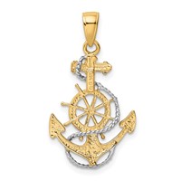14K and White Rhodium Anchor Pendant with Rope and Ships Wheel view 3