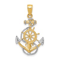 14K and White Rhodium Anchor Pendant with Rope and Ships Wheel view 1