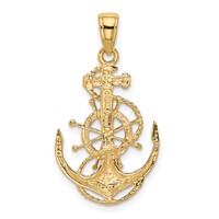 14K Yellow Gold Medium Anchor Pendant with Rope and Ships Wheel view 3
