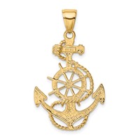 14K Yellow Gold Large Anchor and Ships Wheel Pendant with Rope view 3
