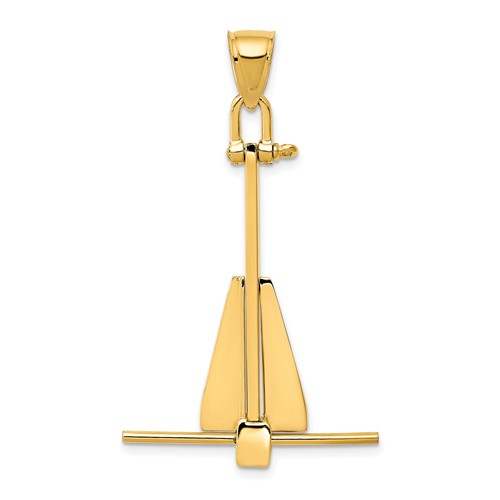 14K Yellow Gold 3-D Fluke-Style Anchor Pendant with Moveable Fins