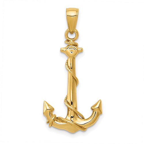 14K Yellow Gold 3-D Anchor Pendant with Rope
