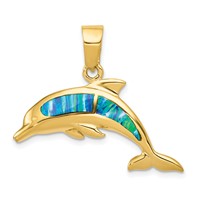 14K Yellow Gold Lab Created Opal Dolphin Pendant view 1