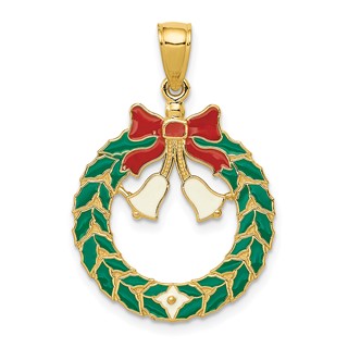 14k Enameled Christmas Wreath with Bells Pendant