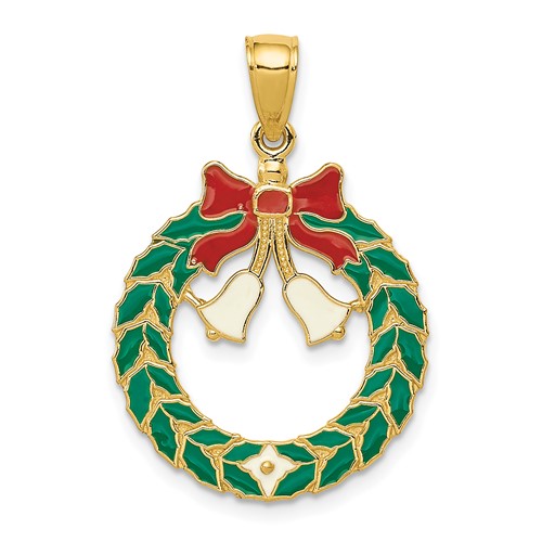 14K Yellow Gold Enameled Christmas Wreath Pendant with Bells