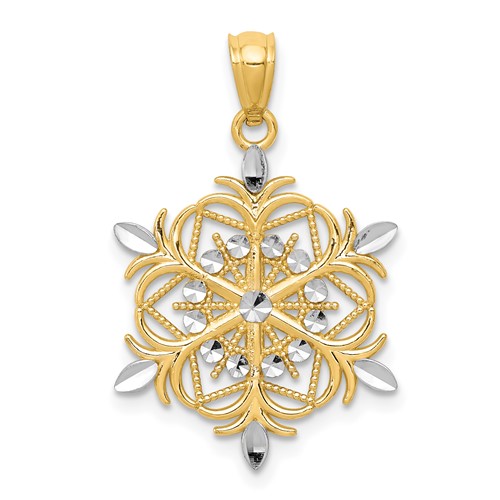 14K and White Rhodium Diamond-cut Snowflake Pendant