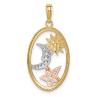 14K Two-tone Pendant with White Rhodium Sun Moon Star Oval view 4