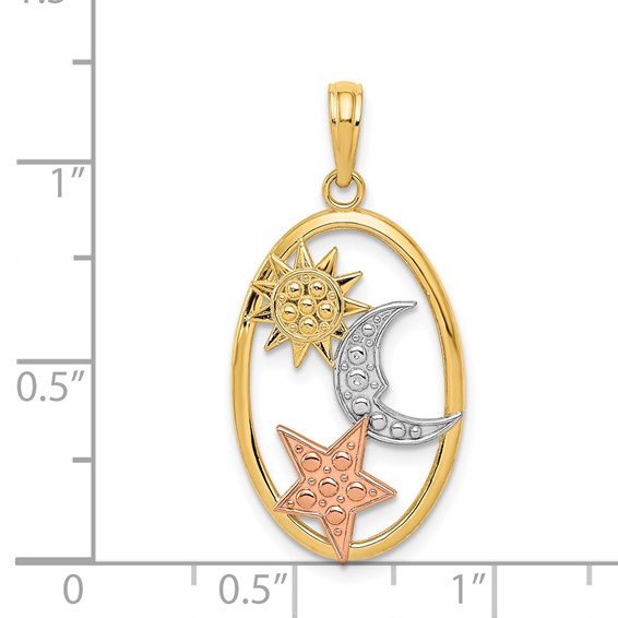 14k Two-tone with White Rhodium Sun/Moon/Star Oval Pendant