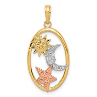 14K Two-tone Pendant with White Rhodium Sun Moon Star Oval view 1