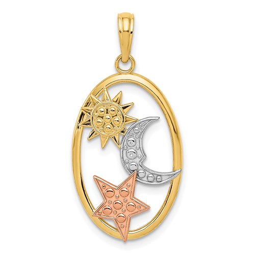 14K Two-tone Pendant with White Rhodium Sun Moon Star Oval