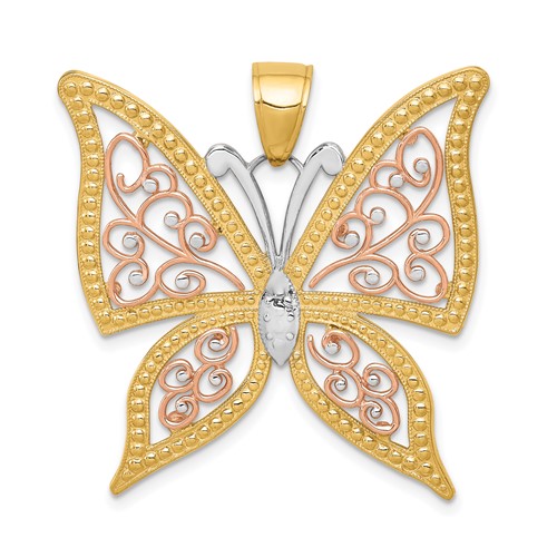 14K Two-tone Pendant with White Rhodium Diamond-cut Butterfly