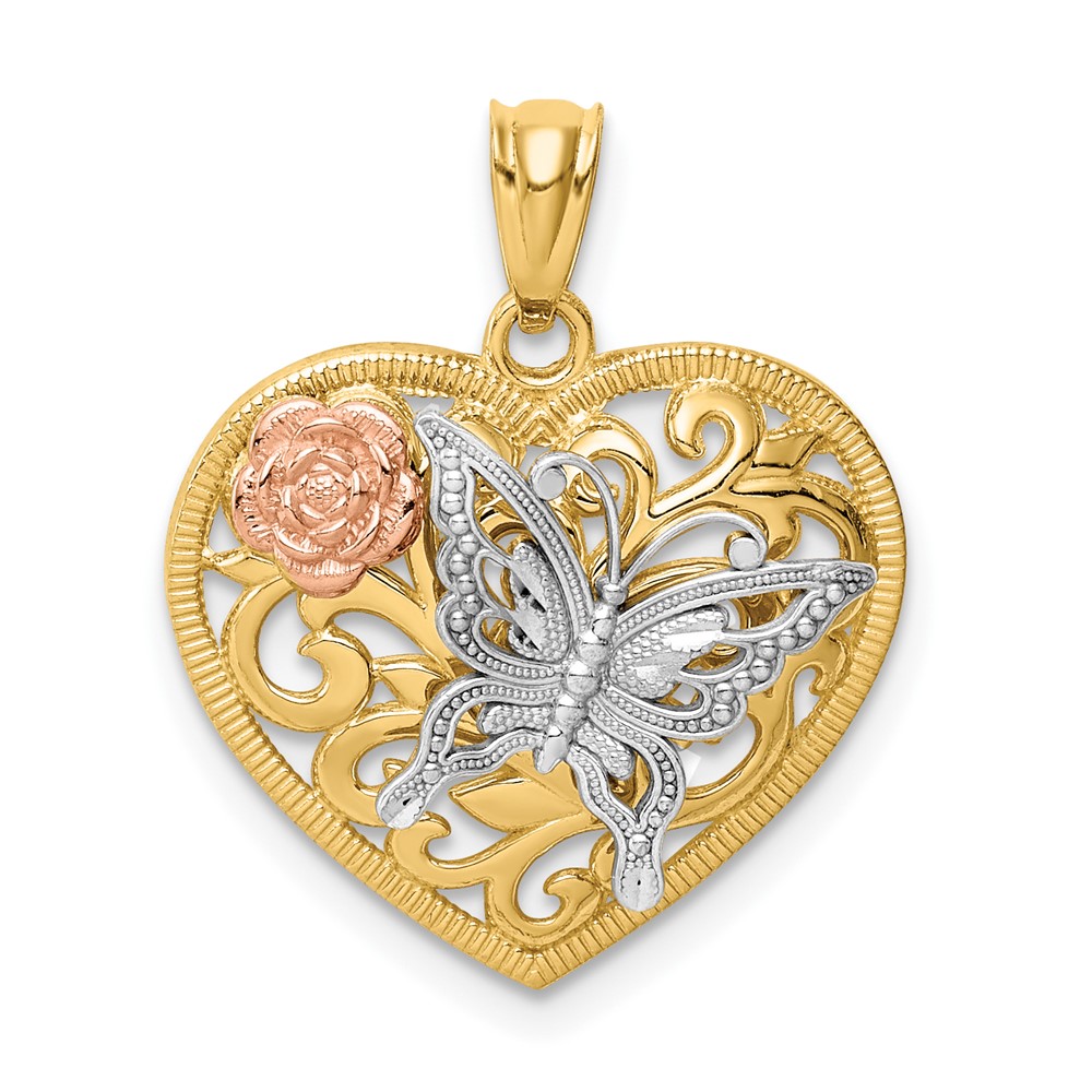 14K Tri-color Butterfly Heart Pendant