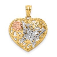 14K Tri-color Butterfly Heart Pendant view 1