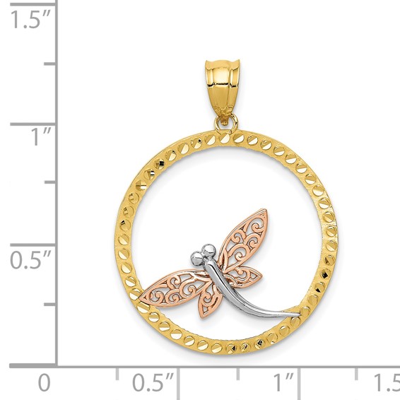 14K Two-tone with White Rhodium Dragonfly in Circle Pendant
