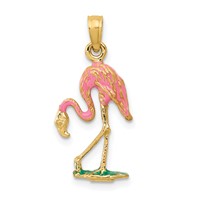 14K Yellow Gold Enameled Pink Flamingo Pendant view 1