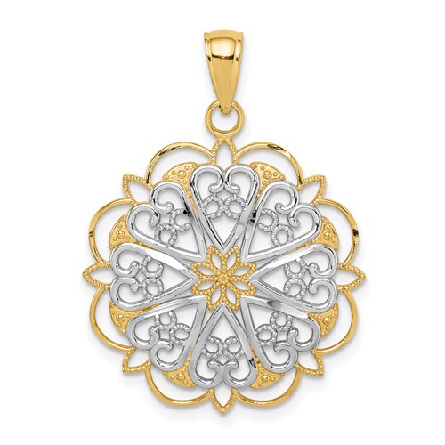 14K and White Rhodium Filigree Hearts Pendant with Scalloped Edge