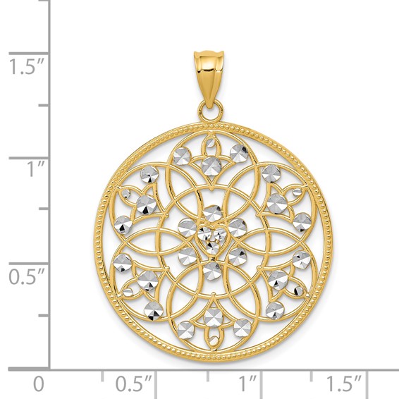 14K and White Rhodium Diamond-cut Circle Pendant