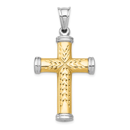 14K Two-Tone and White Rhodium Diamond-cut Reversible Cross Pendant