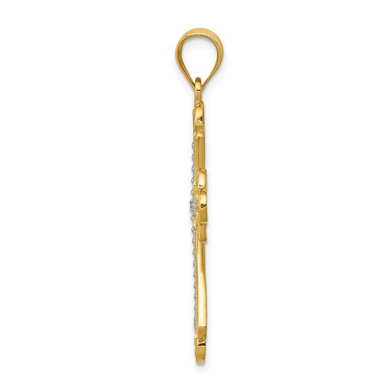 14K and White Rhodium Budded Cross Pendant