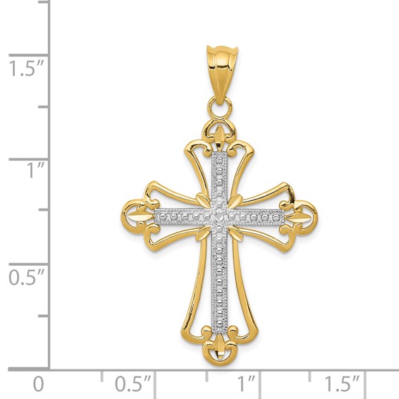 14K and White Rhodium Budded Cross Pendant
