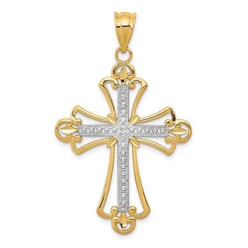 14K and White Rhodium Budded Cross Pendant