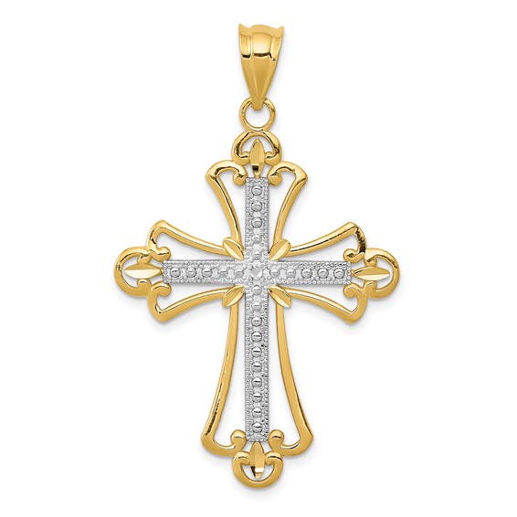 14K and White Rhodium Budded Cross Pendant