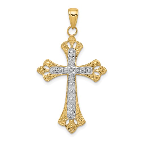 14K and White Rhodium Textured Cross Pendant