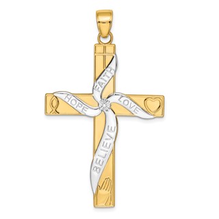 14K and White Rhodium Large HOPE FAITH LOVE BELIEVE Cross Pendant