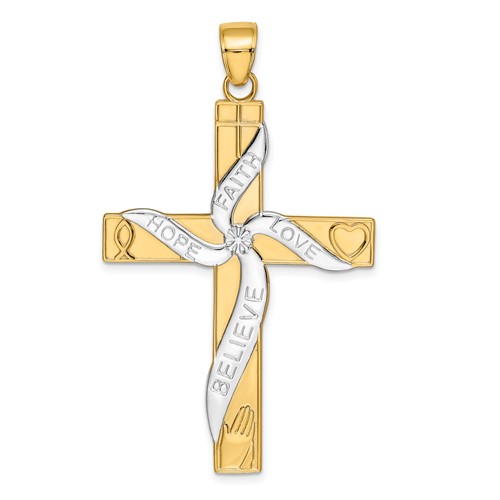 14K and White Rhodium Large Hope Faith Love Believe Cross Pendant