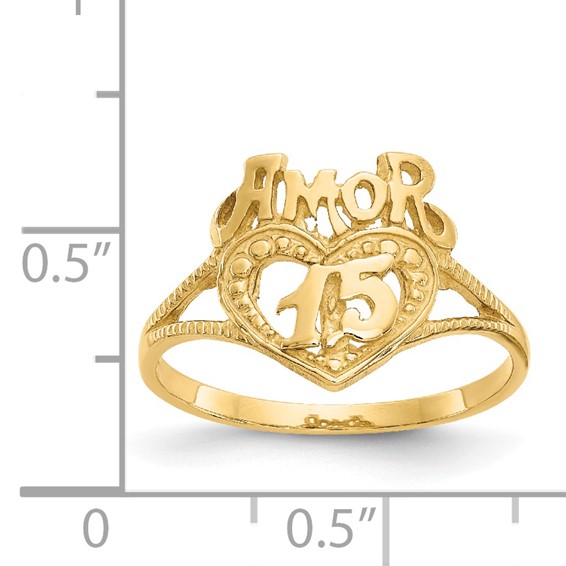 14K Quinceanera AMOR 15 Heart Ring